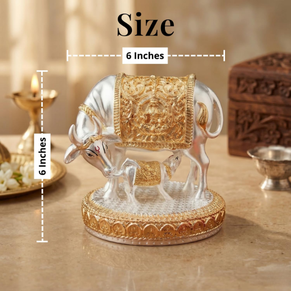 6 Inch Kamdhenu Cow Idol with 24K Gold and 999 Pure Silver Dual-Tone Plating for Home Display