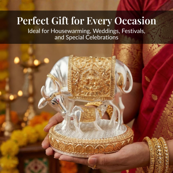 Kamdhenu Cow Idol with 24K Gold and 999 Pure Silver Finish for Spiritual Home Decor Display