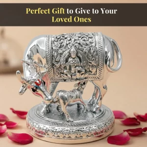 999 silver plated Kamdhenu Cow Idol, 6 inch sacred Vastu decor for pooja room and mandir