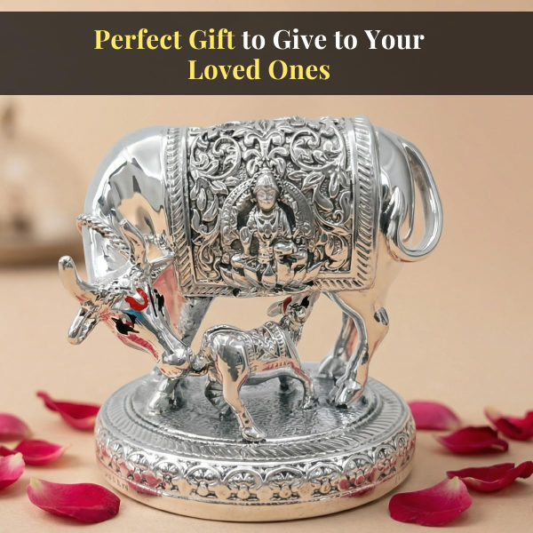999 silver plated Kamdhenu Cow Idol, 6 inch sacred Vastu decor for pooja room and mandir