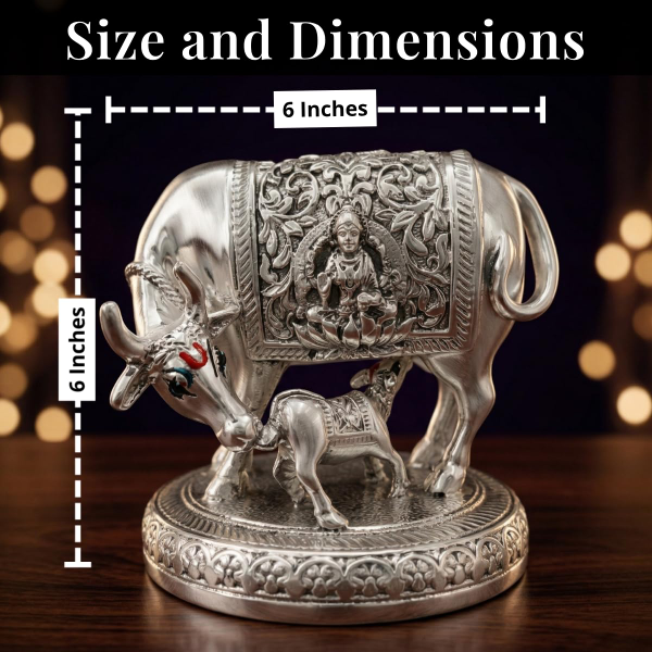 Detailed 6 inch Kamdhenu Cow Idol with silver plated finish for auspicious home Vastu decor