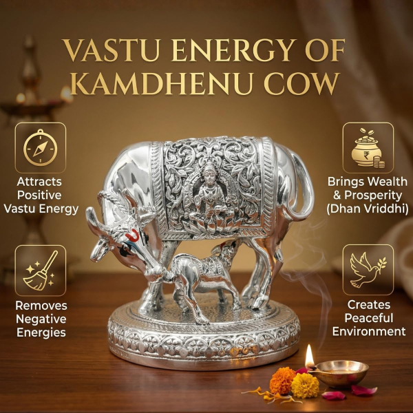 Silver plated Kamdhenu Cow Idol for home mandir, pooja room and spiritual centrepiece display