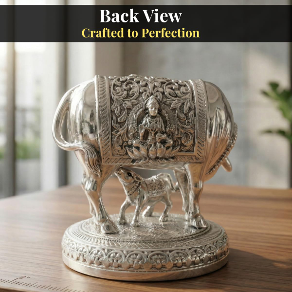 999 silver plated Kamdhenu Cow Idol for prosperity themed Vastu and religious home decor