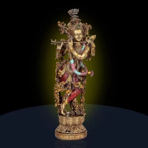 Krishna statue with flute in hand-painted multicolour resin for home mandir decoration display