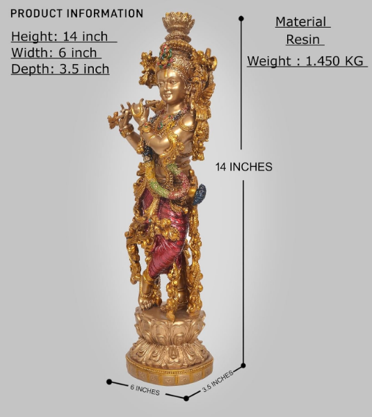 Hand-painted Krishna statue with flute in multicolour resin for puja room decoration display