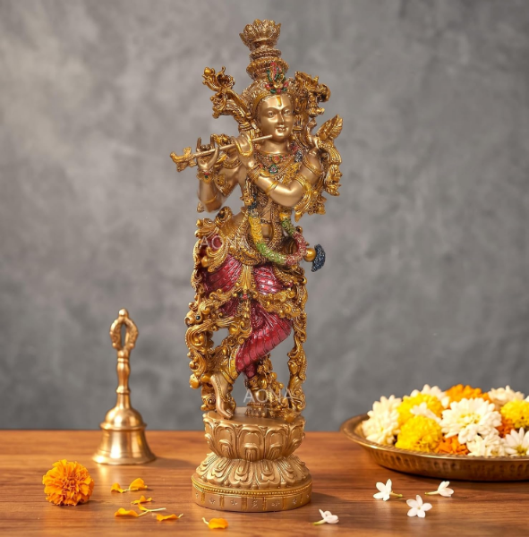 Decorative Krishna statue with flute in 14-inch multicolour hand-painted resin design for home