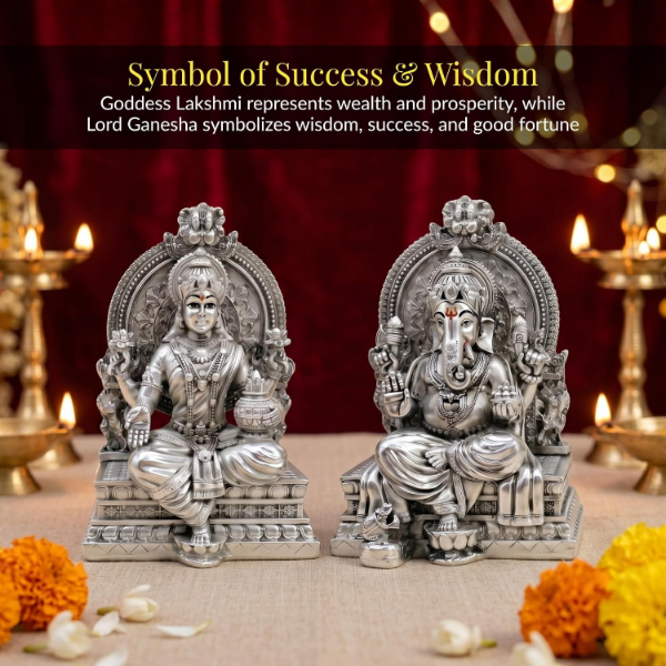 Silver-plated Lakshmi Ganesh Idol statue designed for pooja room, mandir and office desk décor