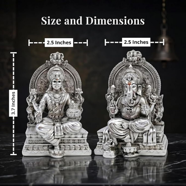 Silver-plated Lakshmi Ganesh Idol in compact 3.7-inch form with attached base for stable display