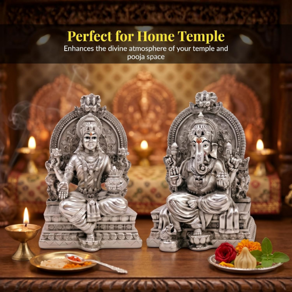 Silver-plated Lakshmi Ganesh Idol for spiritual décor on shelves, countertops or a car dashboard