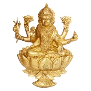 Brass Lakshmi Idol Wall Hanging, 12 Inch Goddess Lakshmi Statue Seated on Lotu