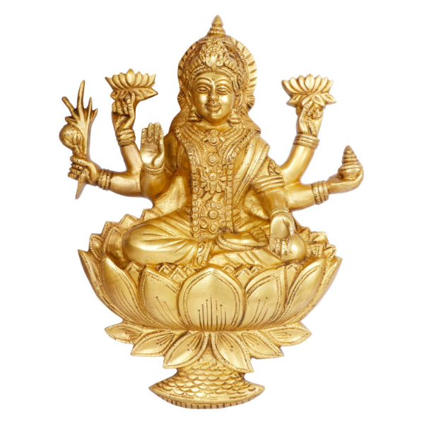 Brass Lakshmi Idol Wall Hanging, 12 Inch Goddess Lakshmi Statue Seated on Lotu