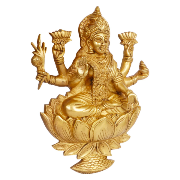 Brass Lakshmi Idol, Handmade 12 Inch Goddess Statue for Mandir and Temple Wall Decor