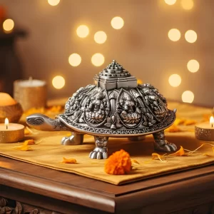 Silver plated Ashta Lakshmi tortoise idol for Vastu decor and pooja room display