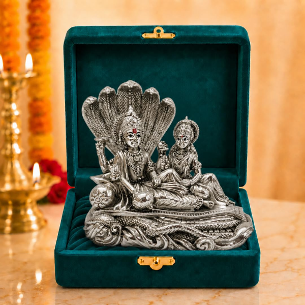 Lord Vishnu Lakshmi Idol in 999 silver-plated finish with Sheshnag canopy, 4-inch size for home