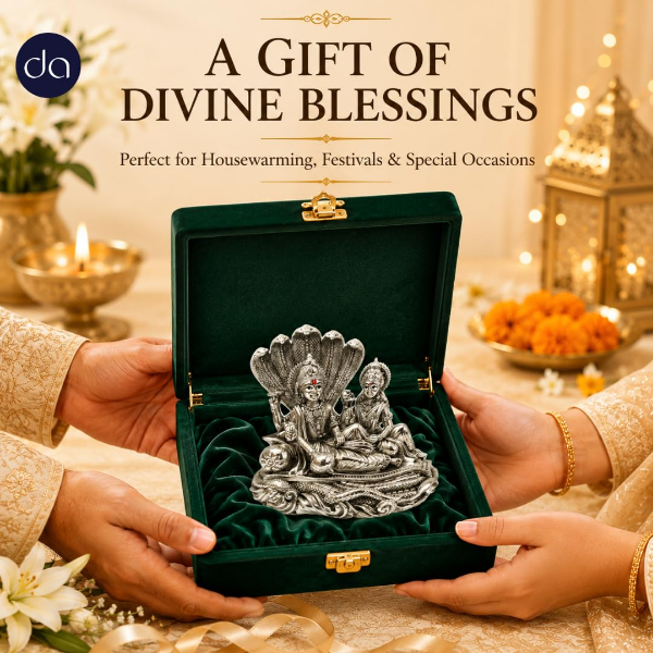 Lord Vishnu Lakshmi Idol crafted with a resin core and 999 silver-plated surface, 4-inch compact