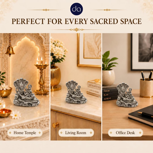 Lord Vishnu Lakshmi Idol for pooja mandir, home decor or office desk, with a silver-plated finish