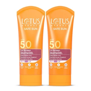 Lotus Herbals Safe Sun UV Screen Matte Gel Sunscreen SPF 50 displayed for daily matte gel sunscreen protection