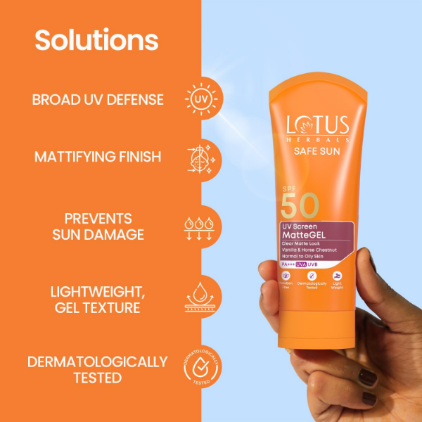 Lotus Herbals Safe Sun UV Screen Matte Gel Sunscreen SPF 50 with antioxidant enriched daily protection formula
