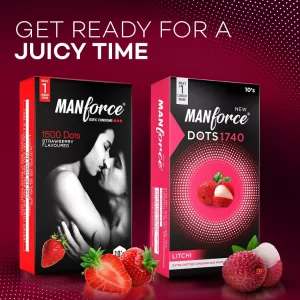 Manforce flavoured condoms Xotic Strawberry and Litchi extra dotted and contoured design