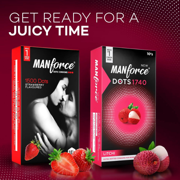 Manforce flavoured condoms Xotic Strawberry and Litchi extra dotted and contoured design