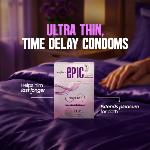 Manforce delay condoms showing the ultra-thin 0.05 mm design and easy-peel pack for quick opening