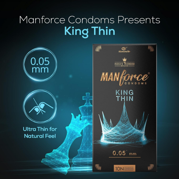 Manforce unflavoured ultra-thin condoms supplied as a pack of 10 for intimate use