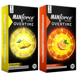 Manforce Overtime condoms with Orange and Pineapple flavours in a 20-piece combination pack