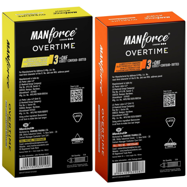 Manforce Overtime condoms in Orange and Pineapple flavours with 10 condoms of each type