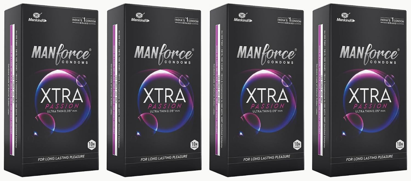 Manforce Xtra Passion Condoms ultra thin climax delay, unflavoured 80 count pack of 8 for couples