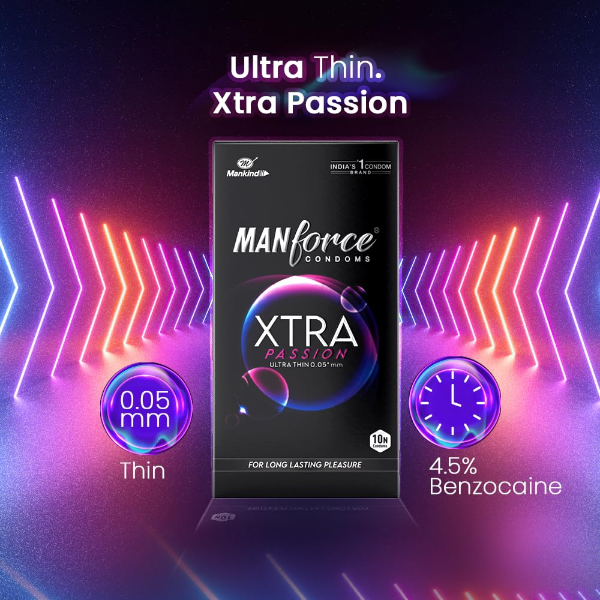 Manforce Xtra Passion Condoms 53mm fit and 180mm length for comfortable, lubricated wear experience