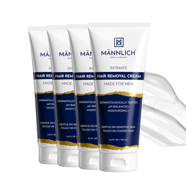 Mannlich Men's Intimate Hair Removal Cream 400ml bottle designed for painless grooming of coarse pubic hair