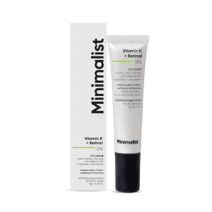 Minimalist Vitamin K Eye Cream tube with Retinal and caffeine for reducing dark circles and puffiness