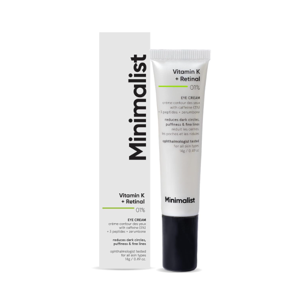 Minimalist Vitamin K Eye Cream tube with Retinal and caffeine for reducing dark circles and puffiness