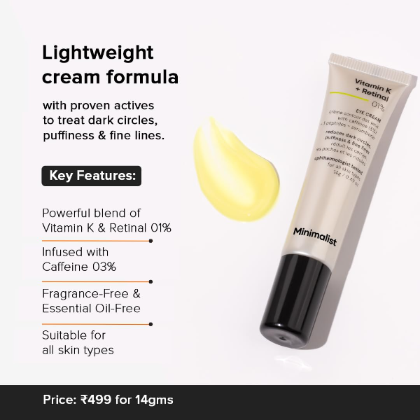 Minimalist Vitamin K Eye Cream highlighting active ingredients for under eye care and smoother skin texture