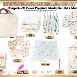 MOM CARE muslin baby gift set with 21 organic cotton newborn essentials for new parents and babies