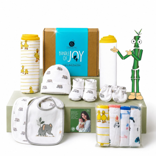 TinyLane newborn baby gift set with bamboo cotton swaddles, cap, bibs, mittens and washcloths