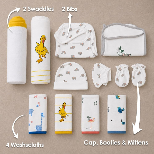 TinyLane newborn baby gift set featuring two swaddles, cap, booties and soft baby accessories