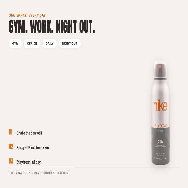 Nike deodorant men aerosol body spray designed for quick application and convenient everyday personal grooming use