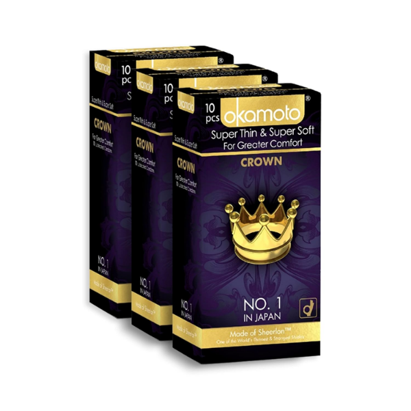 Okamoto Crown ultra thin condoms for men, 60 count pack with smooth silicone lubricant inside