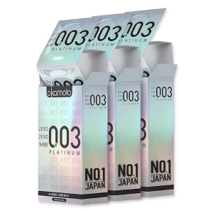 Okamoto 0.03 condoms pack showing ultra thin Japanese condom product details and pack of 3