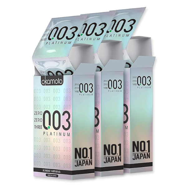 Okamoto 0.03 condoms pack showing ultra thin Japanese condom product details and pack of 3
