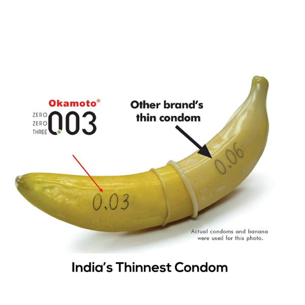 Okamoto 0.03 condoms packaging highlighting the stated 0.03 mm ultra thin condom design
