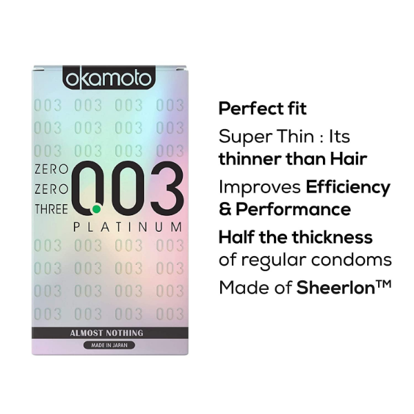 Okamoto 0.03 condoms packaging showing silicone lubrication and fragrance free product details