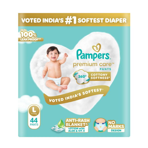 Pampers large baby diapers Premium Care 44 count with 360° cottony softness and no marks design