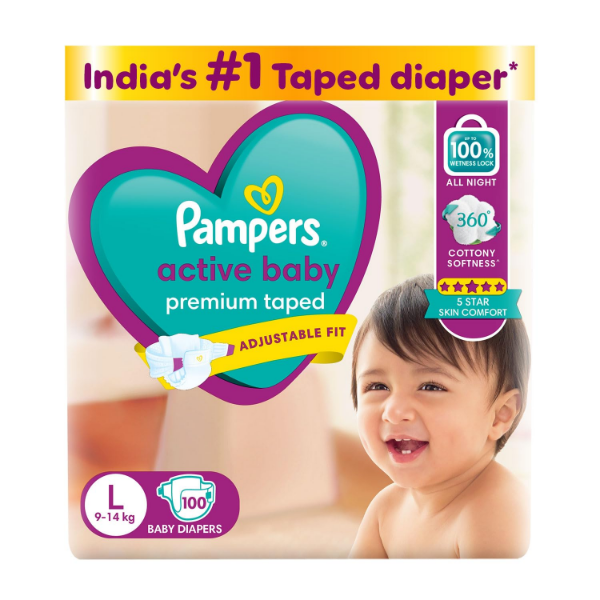 Pampers Active Baby Diapers Large size for babies weighing 9-14 kg with adjustable taped fit