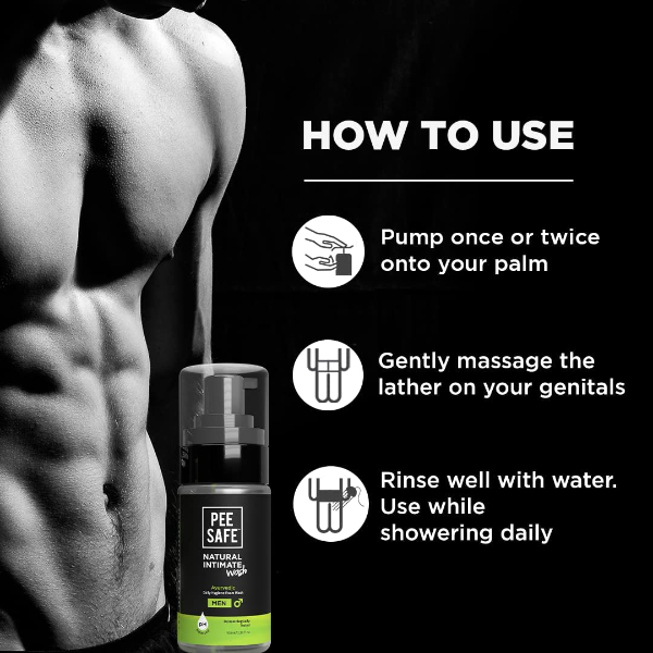 Pee Safe Men's Intimate Wash displaying Tea Tree Essential Oil formula for gentle daily intimate cleansing