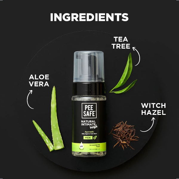 Pee Safe Men's Intimate Wash highlighting Ayurvedic ingredients for men's daily intimate hygiene routine