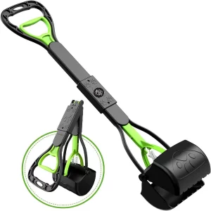 Folding dog poop scooper with one-handed pickup design for easy pet waste collection indoors