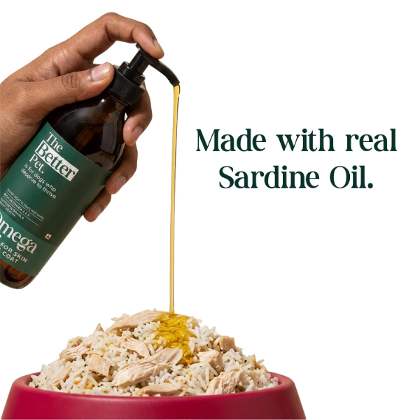 Fish Oil for Dogs bottle featuring real sardine oil formula with Omega 3 6 9 for daily feeding support
