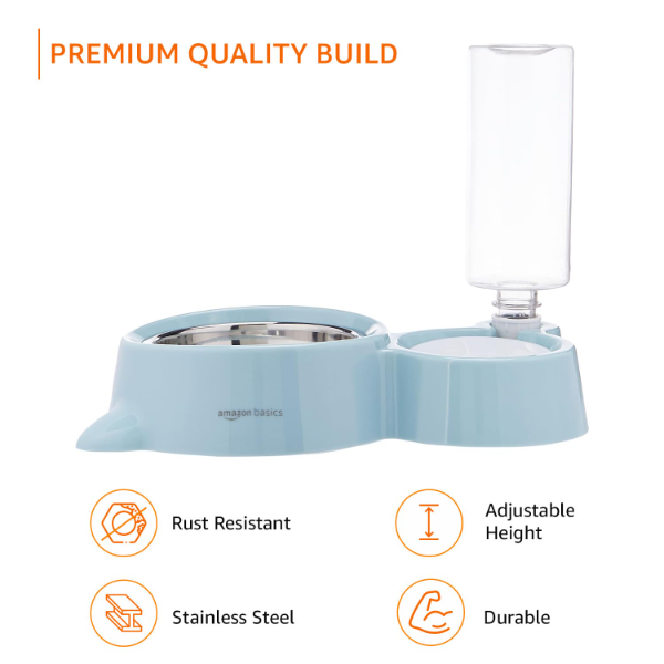 2 In 1 Pet Feeder displaying removable stainless steel bowl and automatic water bottle for daily pet care